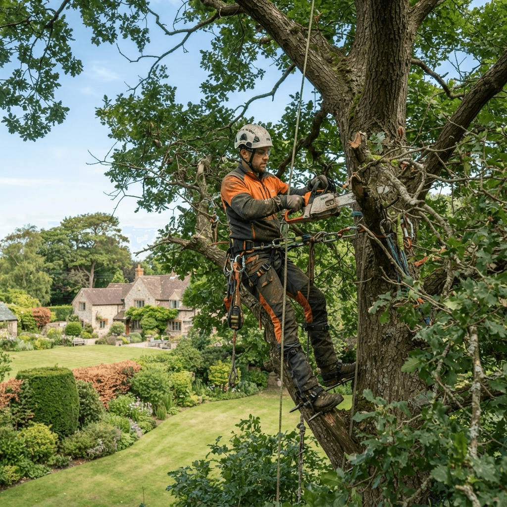 Tree surgeon in safety harness climbing a large tree with a chainsaw