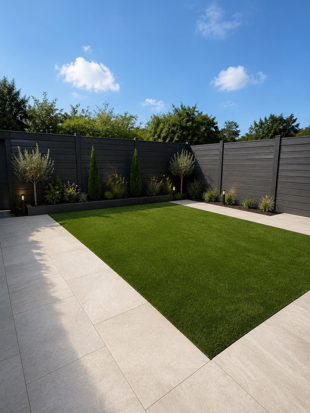 Stunning garden with grey porcelain paving, artificial lawn, olive trees and dark composite fencing